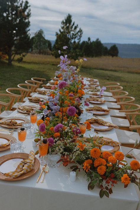 Summer Soirée — Two Hands Floral | Sun Valley Ketchum Wedding and Event Florist Late Summer Garden Wedding, Garden Summer Wedding, Backyard Wedding Tables, Colorful Backyard Wedding, Square Wedding Tables, Summer Solstice Wedding, 70s Inspired Wedding, Summer Farm Wedding, Farm To Table Wedding