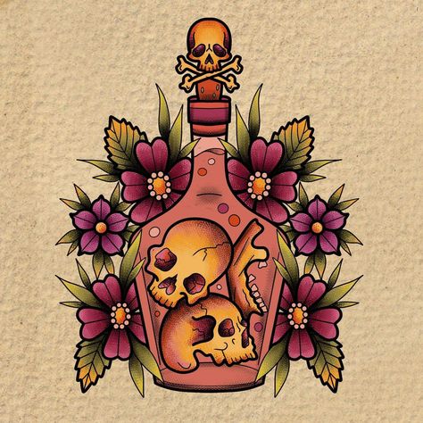 Mack (@mack.does.arts) • Instagram photos and videos Love Spell Tattoo, Trad Moth Tattoo, Bottle Of Poison Tattoo, Salem Themed Tattoo, Mortar And Pestle Tattoo, Poison Bottle Tattoo Design, Alcohol Tattoos, Witchy Flowers, Skull Plant Tattoo