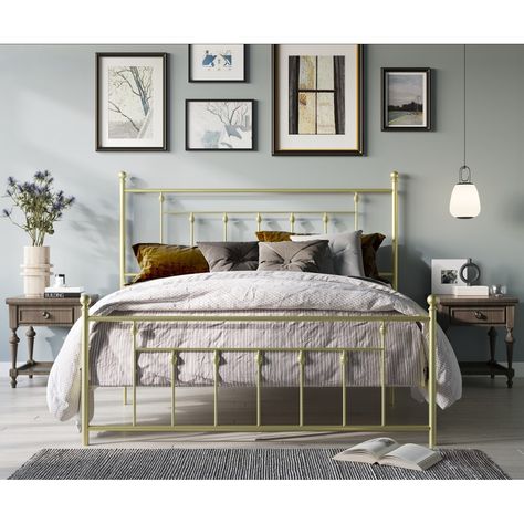 Elevate your traditional decor with this Victorian-inspired platform bed. The durable metal frame features rounded finials and a slat foundation. Choose from four sizes and four versatile finishes to complement your classic decor. Platform Bed Metal, Bed Metal, Queen Size Headboard, Gold Bed, Yellow Bedding, Slatted Headboard, Twin Bed Frame, Bed Reviews, Metal Platform Bed