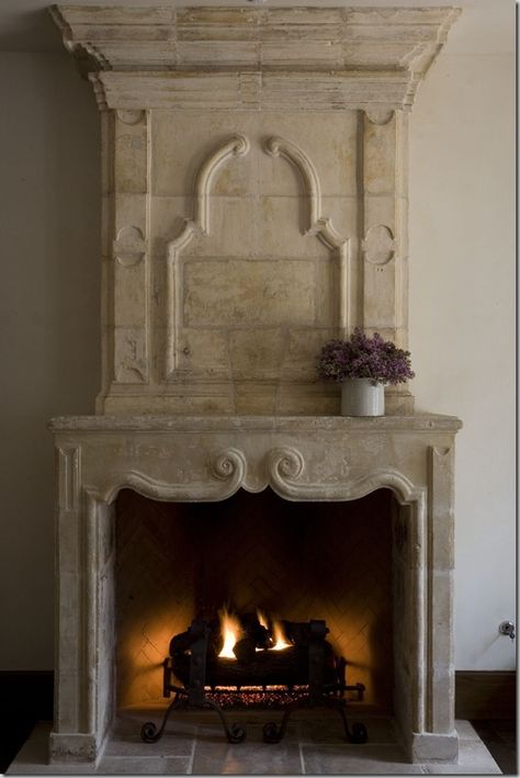 I really like this one as we can modify and Lower the Upper Mantel but keep the crown molding. Pretty Fireplaces, French Limestone Fireplace, Limestone Mantel, Gray Interiors, Vintage Stove, Country Fireplace, French Fireplace, Mantel Ideas, French Country Living