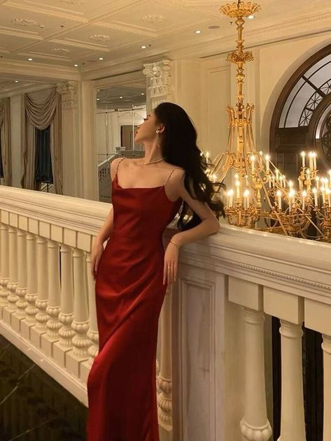 Silk Dress Aesthetic, Spring Red Hair, Spring Red Hair Color, Aesthetic Prom Dress, Red Dress Aesthetic, Hair Color Images, Red Formal Dresses, Red Ball Gown, Prom Dress Inspo