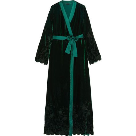 I.D. Sarrieri Nuits a Moscou satin-trimmed embroidered velvet robe ($833) ❤ liked on Polyvore featuring intimates, robes, emerald, dressing gown, camisole slip, embroidered dressing gown, sash belt and loose camisole Velvet Dressing Gown, Emerald Velvet, Opera Coat, Velvet Cami, Velvet Clothes, Embroidered Velvet, Tuxedo Blazer, Satin Sash, Satin Slip