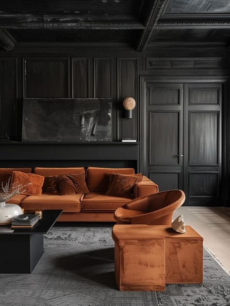 Grey And Rust Living Room, Colorful Couches, Colorful Eclectic, House Facades, Grey Interior, Modern Minimalist Living Room, Living Room Orange, Small Apartment Living Room, Orange Stone