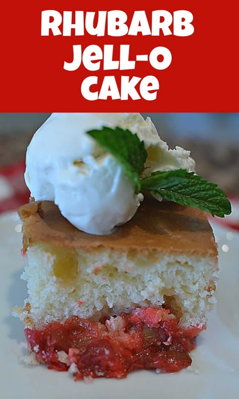 Rhubarb Jello Cake, Dessert With Jello, Rhubarb Jello, Easy Rhubarb Recipes, Rhubarb Upside Down Cake, Rhubarb Dump Cakes, Rhubarb Cake Recipes, Cobbler Cake, Rhubarb Dessert