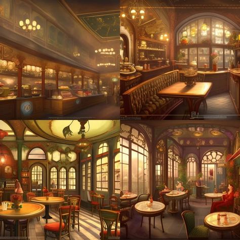 victorian cafe shop interior romantic fantasy with tables and counter and windows - AI Generated Artwork - NightCafe Creator Victorian Cafe Interiors, Fantasy Tea Shop, Cafe Shop Interior, Victorian Cafe, Cafe Themes, Fantasy Cafe, Miniature Design, Splash Screen, Romantic Fantasy