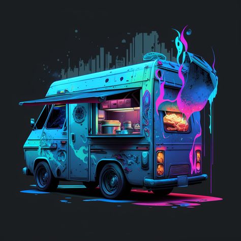 Cyberpunk Truck, Cyberpunk Food, Japanese Food Truck, Art Exercises, Futuristic Retro, Png No Background, Neon Food, Background Neon, Neon Cyberpunk