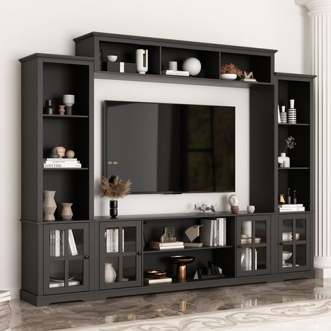 Tv Stand With Bookshelves, Black Entertainment Center, Wall Unit Tv, Modern Tv Console, Tv Stand Bookshelf, Tv Stand Unit, Tv Console Modern, Shelves For Living Room, Media Entertainment Center