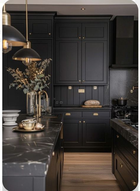 Black Countertops And Cabinets, Black Cabinet And Countertop, Black Countertop With Black Cabinets, Kitchen Inspo Black Appliances, Minimalist Kitchen Black Countertop, Off Black Kitchen Cabinets, Moody Transitional Kitchen, Black Kitchen Black Countertop, Black Cabinets White Countertops Kitchen