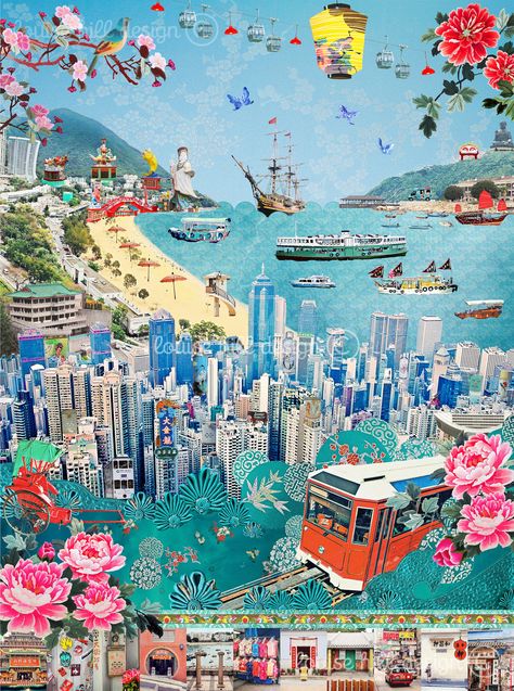 Hong Kong Print, Montage Art, Hong Kong Art, Singapore Art, Travel Posters, Collage Art, Artwork Prints, Hong Kong, Poster Design