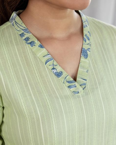 Summer Collection - New Arrivals! ‘Lime’ up for zesty summer picks! The light, lime colour of our ‘Carnation Whisper’ kurta is a fresh, citrusy shade that captures the eye. Textured stripes and printed trims liven up the otherwise tonal kurta Shop the ‘Chandani’ edit on www.cottonsjaipur.com Price : ₹ 1,650/- [ Cottons Jaipur, Cotton, Carnations, Floral, Handmade Kurtas, Everyday-wear, Summer staples ] #cottons #cottonsjaipur #newarrivals #floral #summer #summer2024 #handcraftedkurtas #c... New Style Neck Design For Kurti, Cottons Jaipur, Kurta Ideas, Collar Kurta, Silk Kurti Designs, Simple Kurti, Lace Suit, Latest Blouse Designs Pattern, Kurta Patterns