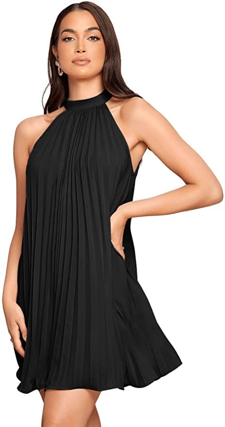 SweatyRocks Women's Casual Sleeveless Tie Back Halter Dress Mini Swing Pleated A-line Loose Dress : Clothing, Shoes & Jewelry Halter Dress Mini, Skater Dresses Pattern, Halter Dress Short, Halter Dress Summer, Beach Mini Dress, Causal Outfits, Fitted Mini Dress, Pleated Mini Dress, Women Halter