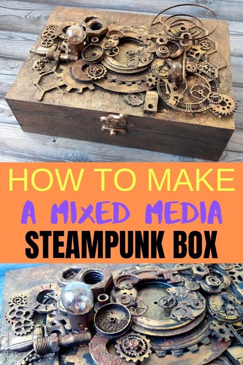 Alter a simple wooden box into a steampunk embellished box full of metal parts, texture and industrial vibe, Step by step tutorial to make this fun mixed media project  #steampunk #mixedmedia #project #technique #alteredart #tutorial Wooden Decoration Ideas, Steampunk Diy Crafts, Steampunk Mixed Media Art, Mixed Media Boxes, Baby Born Kleidung, Altered Box, Steampunk Mixed Media, Steampunk Crafts, Box Tutorial