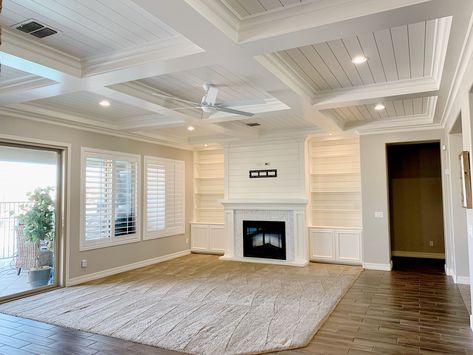 Coffered Ceiling With Chandelier, Coffered Ceiling Shiplap, Coffered Ceiling Living Room With Fireplace, Tray Ceiling Ideas Living Room Wood, Coffered Ceiling With Shiplap, Basement Bookcase, Cauffered Ceiling, Entertainment Center Fireplace, Coffered Ceiling Dining Room