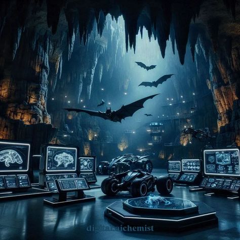 🦇 the bat cave depicts a dark and mysterious cave, in the center of which is a Batmobile, presumably belonging to Batman. The cave is filled with various technological devices and displays, giving the feeling of a secret lair or headquarters. The image is filled with various details that hint at a dark and brooding atmosphere, such as the cave walls covered in stalactites, the numerous screens filled with data, and the presence of bats flying throughout the scene. The overall mood of the ima... Batcave Aesthetic, Batcave Room, Batman Cave, Lucky Crystals, Secret Lair, Bats Flying, Bat Flying, Dark And Mysterious, Bat Cave