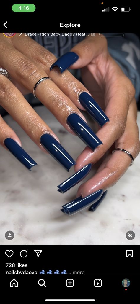 Navy Blue Tapered Square Nails, Navy Blue Nail Inspo Acrylic, Coffin Navy Blue Nails, Dark Nails Square, Navy Blue Square Acrylic Nails, Long Dark Blue Nails, Navy Blue Nails Square, Dark Blue Nails Square, Cop Nails