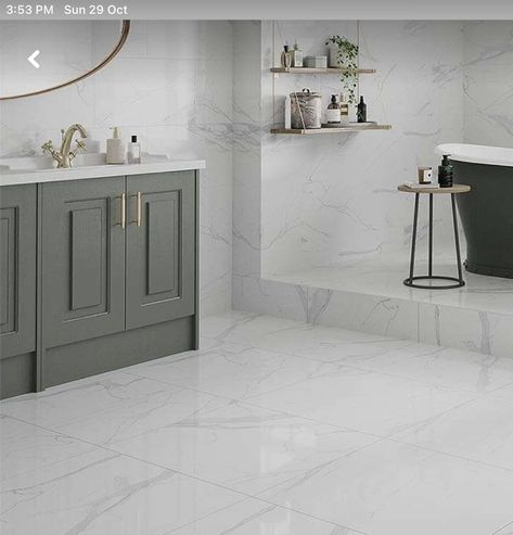 Marble Bathroom Floor, Porcelain Tile Bathroom, Marble Tile Bathroom, White Marble Bathrooms, White Marble Tiles, Downstairs Toilet, Marble Tile Floor, Bathroom Inspiration Decor, Upstairs Bathrooms