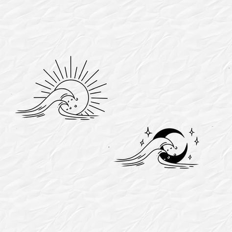 Sun Moon Beach Tattoo, Double Trouble Tattoo Ideas, Sun And Moon Flash Tattoo, Couple Flash Tattoo, Moon And Beach Tattoo, Moon And Sun Tattoo Ideas, Ocean Simple Tattoo, Beach Flash Tattoo, Moon Beach Tattoo