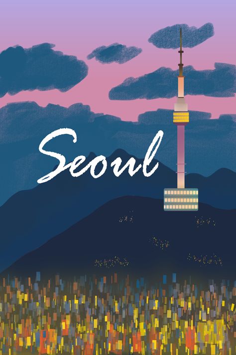 South Korea Night View, Korea Night View, Seoul Drawing, South Korea Night, Seoul Illustration, Korea Night, Seoul Night, Design Print Layout, Namsan Tower