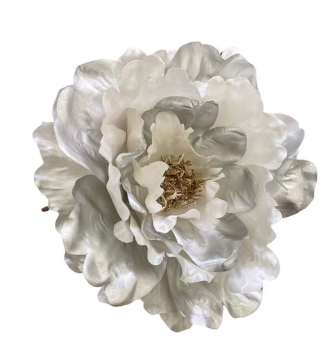 This is a huge 6 inch flower. White and silver petals make this flower a unique show stopper. This flower hair accessory has a hair clip on the back. White Peony, White Flowers Aesthetic, White Icons, Cute White Flower Hair Accessories, Vintage White Flower Pins, Adjustable White Flower Hair Accessories, White Flower Hair Clip, Vintage White Flower Brooch, Aesthetic Objects