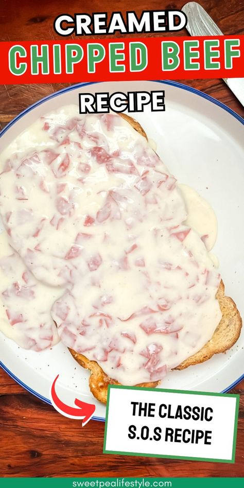 Enjoy a quick and comforting meal with this Easy Creamed Chipped Beef on Toast recipe! Featuring tender beef slices smothered in a creamy, savory sauce, this dish is a delicious throwback to simpler times. Perfect for breakfast or a cozy dinner, this recipe comes together in minutes and pairs perfectly with toast, biscuits, or even baked potatoes. Whether you're new to this classic or a longtime fan, this easy recipe is sure to become a staple in your home. Creamed Chipped Beef Recipe, Chipped Beef Recipe, Cream Chipped Beef Recipe, Creamed Chipped Beef On Toast, Chipped Beef On Toast, Beef On Toast, Sos Recipe, Creamed Chipped Beef, Dried Beef