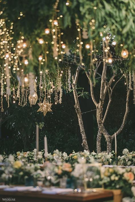 WedLuxe Magazine The Ultimate Celestial Wedding in Bali Starry Garden Wedding, Ethereal Celestial Wedding, Natural Whimsical Wedding, Celestial Green Wedding, Forest Celestial Wedding, Star Night Wedding Theme, Celestial Woodland Wedding, Mythical Themed Wedding, Star Light Wedding