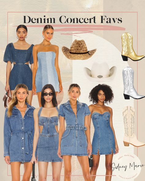 Party Denim Outfit, Denim Outfits For Concert, Denim On Denim Outfit Nashville, Denim Dress With Cowgirl Boots, Bachelorette Party Denim Outfits, Denim Diamonds Theme Outfit Bachelorette Party, Nashville Bachelorette Party Outfit Denim, Country Denim Outfits, Denim Theme Outfit