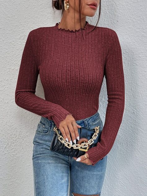 Green Casual Collar Long Sleeve Knitted Fabric Plain Tee Embellished High Stretch Women Clothing Ribbed Knit Bodysuit, Classy Style, Knit Bodysuit, Plain Tees, Thumb Holes, Womens Bodysuit, Long Sleeve Bodysuit, Fashion Classy, Long Sleeve Knit