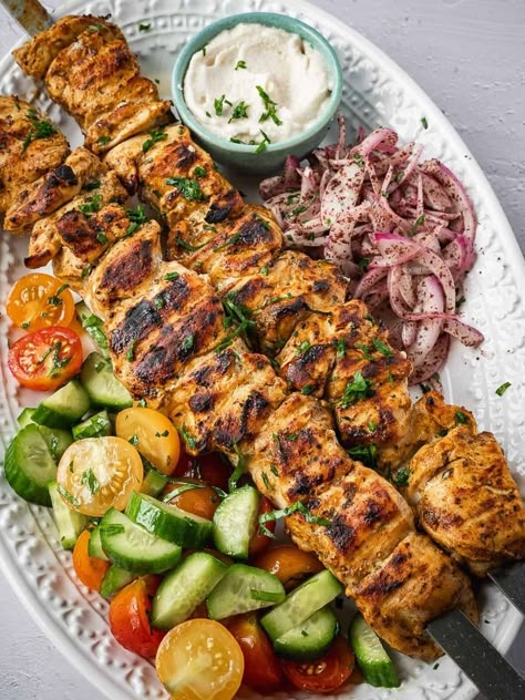 Lebanese Chicken Skewers, Mediterranean Kabobs Chicken Skewers, Lebanese Grilled Chicken Recipes, Chicken Skewers With Rice, Chicken Tawook Recipe Garlic Sauce, Chicken Tawook With Rice, Afghan Chicken Kabobs, Middle Eastern Dinner Ideas, Mediterranean Kebab Recipes