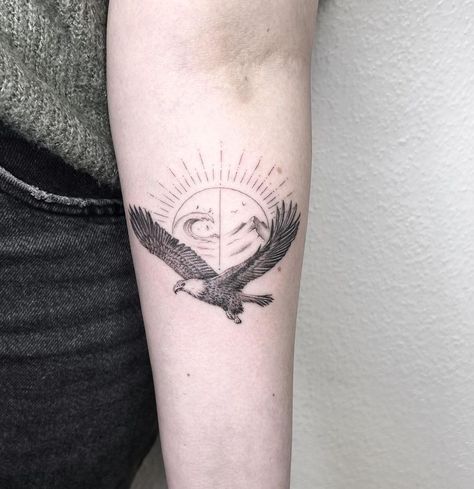 An Eagle Tattoo, Sun And Wave Tattoo, Minimal Tatoo, Eagle Tattoo Designs, Small Eagle Tattoo, Bald Eagle Tattoos, Ocean Elements, Hawk Tattoo, Bird Tattoos