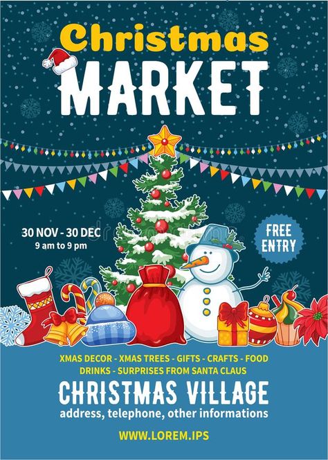 Christmas Market Poster Template. Xmas fair event advertising banner with decorated Christmas tree, snowman, different elements of winter celebration and space #AD , #Advertisement, #ad, #Xmas, #fair, #Christmas, #Template Ipad Wallpaper Watercolor, Animal Masks For Kids, Christmas Tree Poster, Winter Celebration, Advertising Banner, Christmas Tree Snowman, Poster Template Free, Event Advertising, Christmas Craft Fair