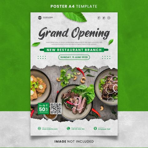 Green food and restaurant grand opening ... | Premium Psd #Freepik #psd #advertising-poster #google-ads #ads-design #advertising-banner Soft Opening Poster Design Cafe, Grand Opening Restaurant Poster, Opening Poster Design Ideas, Restaurant Poster Design Creative, Cafe Opening Poster, Restaurant Opening Poster, Coming Soon Poster Design, Soon Poster Design, Open Restaurant Design