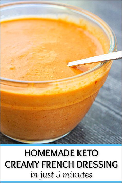 This homemade keto creamy French dressing is sweet and tangy and takes less than 10 minutes to make! It goes great with big steak salads or chicken salads but would also make a tasty keto dip and serve with fresh vegetables. Best of all it has just 0.6g net carbs so it's great for those on a keto diet. Creamy French Dressing, Homemade French Dressing, Steak Salads, French Dressing Recipe, French Salad Dressing, Keto Dip, Low Carb Salad Dressing, French Salad, Big Steak