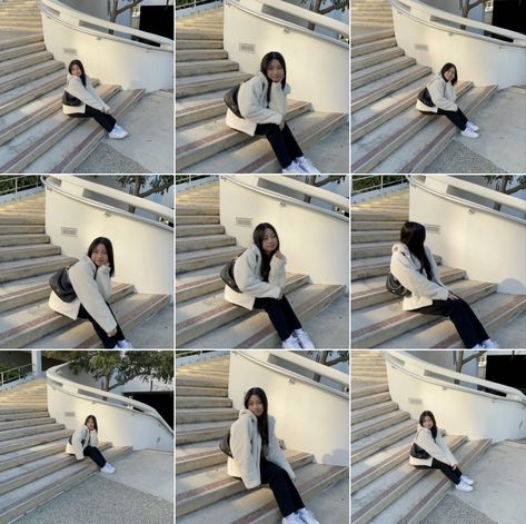 Sit Down Poses Photography, Poses For Stairs Photoshoot, Selfie Sitting Poses, Sitting On Staircase Pose, Poses For Pictures On Stairs, Pose Ideas Sitting Down, Sit On Stairs Pose, Stair Picture Poses Aesthetic, Stairs Aesthetic Pose