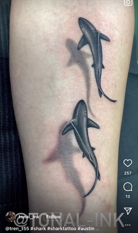 Shark Tattoo Silhouette, Stingray Shadow Tattoo, Small Tattoos Animals Simple, Shark Tattoo With Waves, Cobia Fish Tattoo, White Shark Tattoo Design, Sharks Tattoo Ideas, One Line Orca Tattoo, 2 Sharks Tattoo