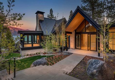 Luxury lakefront mountain home boasts panoramic views of Lake Tahoe Mountain House Design, Modern Mountain House, Lake Houses Exterior, Crystal Bay, Aesthetic Bedroom Ideas, Modern Mountain Home, Aesthetic Bathroom, Mountain House Plans, Lake House Plans