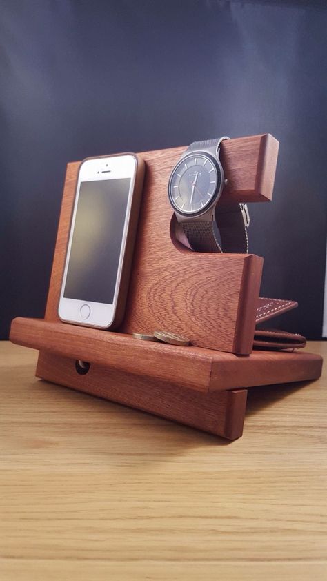 Movile phone, watch valet stand made from solid sapele hardwood. Valet Stand, Phone Watch, Office Essentials, Dad Birthday Gift, Dad Birthday, Phone Stand