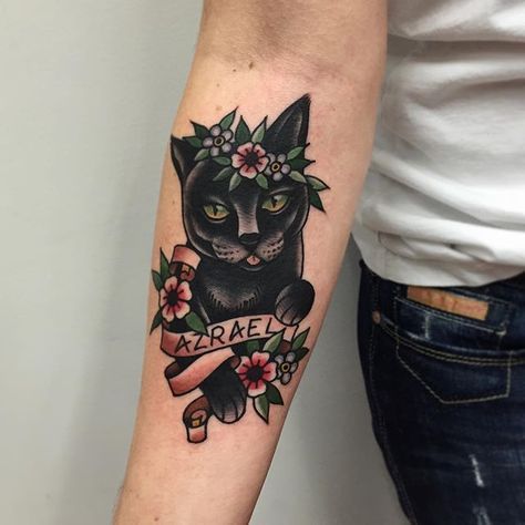 Neotraditional Tattoo Design Black, Cat Memorial Tattoo, Unique Traditional Tattoo, Cat Portrait Tattoo, Neotraditional Tattoo Design, Black Traditional Tattoo, American Traditional Tattoo Design, Cat Portrait Tattoos, Traditional Tattoo Inspiration