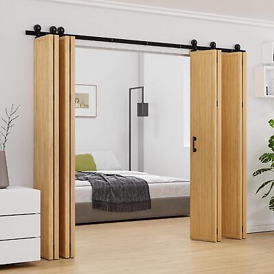 Bifold Sliding Barn Door Hardware Kit Folding Roller Flat Track for 2/4/8 Doors | eBay Slider Doors Bedroom, Double Track Barn Doors Sliding, Collapsible Closet Door, Doors For Wide Closet Opening, Door For Wide Opening, Folding Door For Bedroom, Accordion Barn Doors, Sliding Doors In Bedroom, Loft Doors Ideas