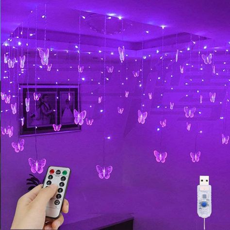 Yolight Butterfly Curtain Lights 4m 96 LED Fairy Lights 8 Modes with Remote Control, Hanging Butterfly String Lights for Room Girls Garden Ceiling Wall Party Wedding Christmas Decoration(Purple) : Amazon.co.uk: Lighting Purple Butterfly Room, Light Purple Room, Butterfly Hanging Decorations, Butterfly String Lights, Led Icicle Lights, Butterfly Bedroom, Butterfly Room, Purple Bedrooms, Butterfly Lighting