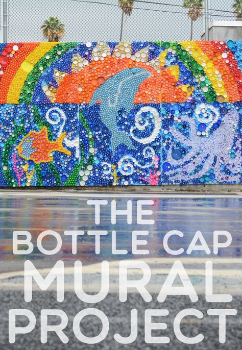 School Wide Bottle Cap Mural Project -- I love this project so much I actually tracked the teacher down from a pic on Instagram then found out she's a great blogger as well! Bottle Cap Canvas Art, Bottle Top Mural, Ocean Murals, Bottle Cap Mural For Kids, Dyi Bottle Cap Art, Jamie Miller, Bottle Cap Mural, Community Art Projects, Bottle Cap Mermaid