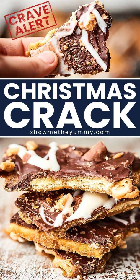 This Christmas Crack is crunchy, salty, and sweet! Saltine crackers are layered with a 2 ingredient caramel, melted chocolate, and toffee bits. The best holiday candy! Christmas Bark Saltine Crackers, Cracked Saltine Crackers, Saltine Caramel Chocolate Bark, Toffee Bars With Saltine Crackers, Christmas Bark Recipes Saltines, Sweet And Salty Crackers, Recipes With Melting Chocolate, Smores Cracker Candy, Saltine Cracker Recipes Sweets Desserts