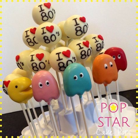 80s Party Treats, 80s Theme Cake Pops, 80s Theme Birthday Party Ideas For Men, 80s Cake Pops, 80s Desserts, Pac Man Cake, 40th Birthday Party Themes, Star Cake Pops, Christmas Desserts Party