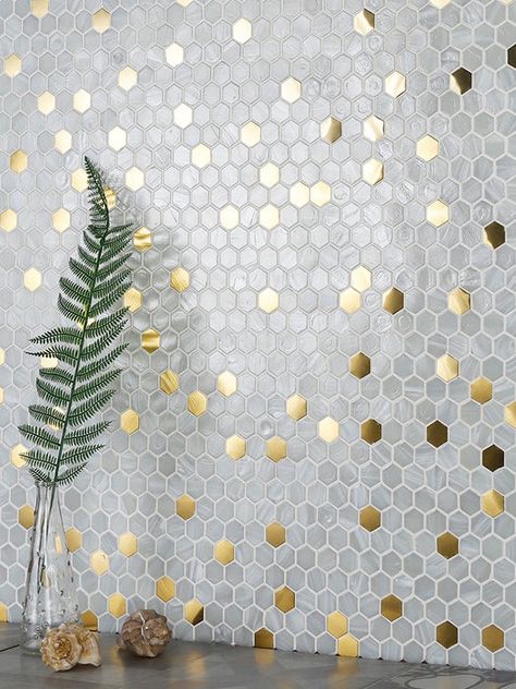 Light Luxury Honeycomb Hexagon White Glass Mix Gold Metal Mosaic Tile Backsplash SSMT2127 Gold Tile Backsplash, Honeycomb Hexagon, Honeycomb Tile, Hexagon Backsplash, Backsplash Patterns, Metal Mosaic, Metal Mosaic Tiles, Gold Tile, Backsplash Wall