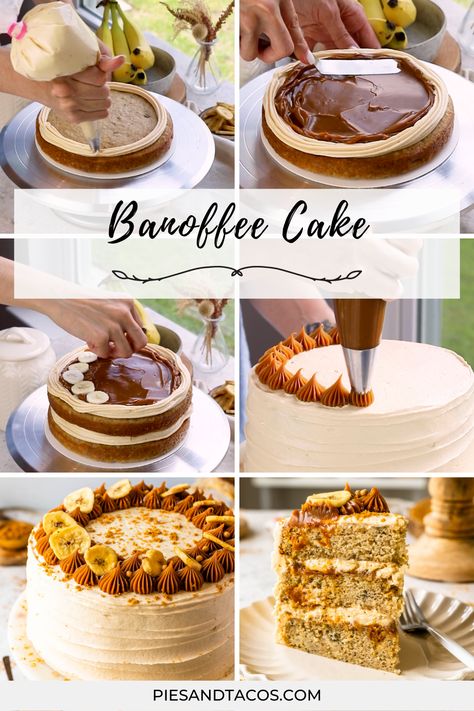 Banoffee Cake Decoration, Banoffee Layer Cake, Banoffee Birthday Cake, Cake Slice Recipe, Bananoffee Cake, Banoffee Cake Recipe, Layer Cake Filling Ideas, Banana Toffee Cake, Banana Cake Recipe With Box Cake