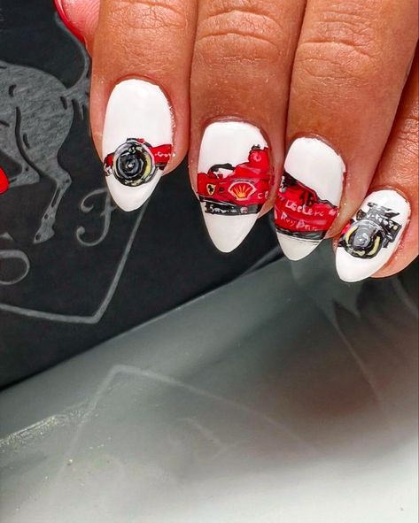 F1 Ferrari team #f1 #nailart #speedmaster Ferrari Nail Art, F1 Nails Designs Ferrari, F1 Nails Designs, Formula One Nails, Formula 1 Nail Art, F1 Nail Art, Uwu Nails, Formula 1 Nails, Ferrari Nails