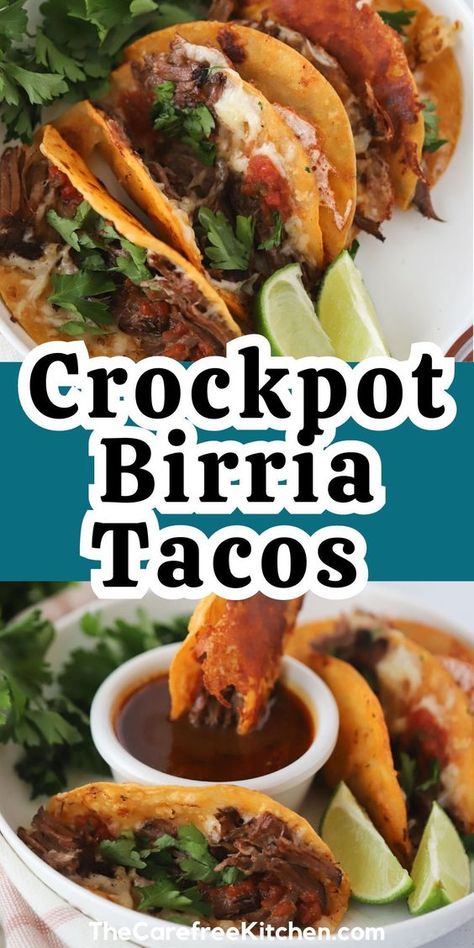 This easy birria tacos recipe lets you make rich, savory beef in the slow cooker. You'll dip corn tortillas into the flavorful chipotle braising liquid, stuff them with tender shredded beef and cheese, then pan-fry them. Top these cheesy quesabirria tacos with fresh pico de gallo, cilantro, and a squeeze of lime. Bonus: use the braising liquid as a tasty dipping sauce. You'll quickly see why these birria tacos have taken the internet by storm. Bria Taco Sauce, Los Angeles, Birria Tacos In Crockpot, Street Tacos Birria, Barrio Tacos Recipe Crockpot, Birria Tacos Dipping Sauce Recipe, Birria Quesadillas Tacos, How To Make Birria Tacos Easy, Borrow Tacos Recipe