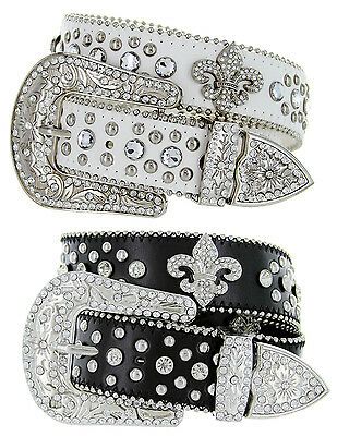 Western Cowgirl Fleur-De-Lis Studded Rhinestone Leather Belt, Black White Belt Ideas, Studded Belts, Y2k Belt, Bling Belts, Cowgirl Bling, Y2k Accessories, Peruvian Connection, Western Dress, Rhinestone Belt