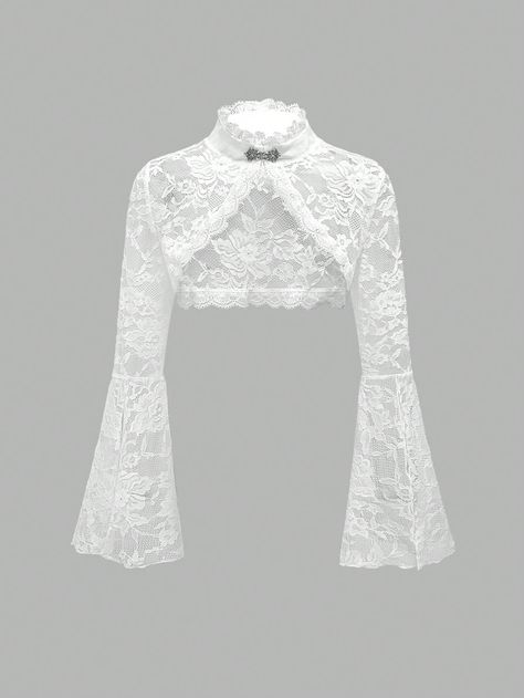 Gothic Style Split Hem Lace Vest With Open Front And Flared Sleeves For Women White   Long Sleeve Lace Colorblock,Halloween,Plain  Medium Stretch All Women Clothing, size features are:Bust: ,Length: ,Sleeve Length: White Lace Sleeves, Romwe Outfit Ideas, White Lace Turtleneck, Lace Clothes, Long Sleeve Lace Top, White Gothic, Lace Turtleneck, Lace Ruffle Dress, Fairy Wedding Dress