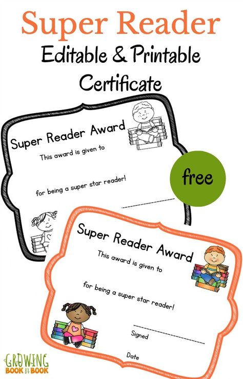 Super reader printable certificate is a free reward that you can edit.  Perfect for an award ceremony or graduation. Reading Awards Certificate, Perfect Attendance Award, Reading Certificates, Attendance Certificate, Certificate Images, Super Reader, Perfect Attendance, Award Template, Book Corner