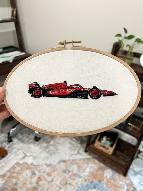 F1 formula one car hand embroidery Charles Leclerc Carlos Sainz F1 Car Embroidery, Formula 1 Crafts, F1 Embroidery Designs, Formula 1 Embroidery, Ferrari Embroidery, Charles Leclerc Car, F1 Embroidery, Car Embroidery, Formula One Car